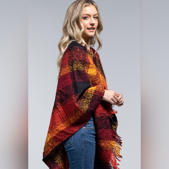 Poncho Plaid Pumpkin Spice - Boucle Yarn Dyed - Great Fall Colors - Soft & Warm - Picture 6 of 6